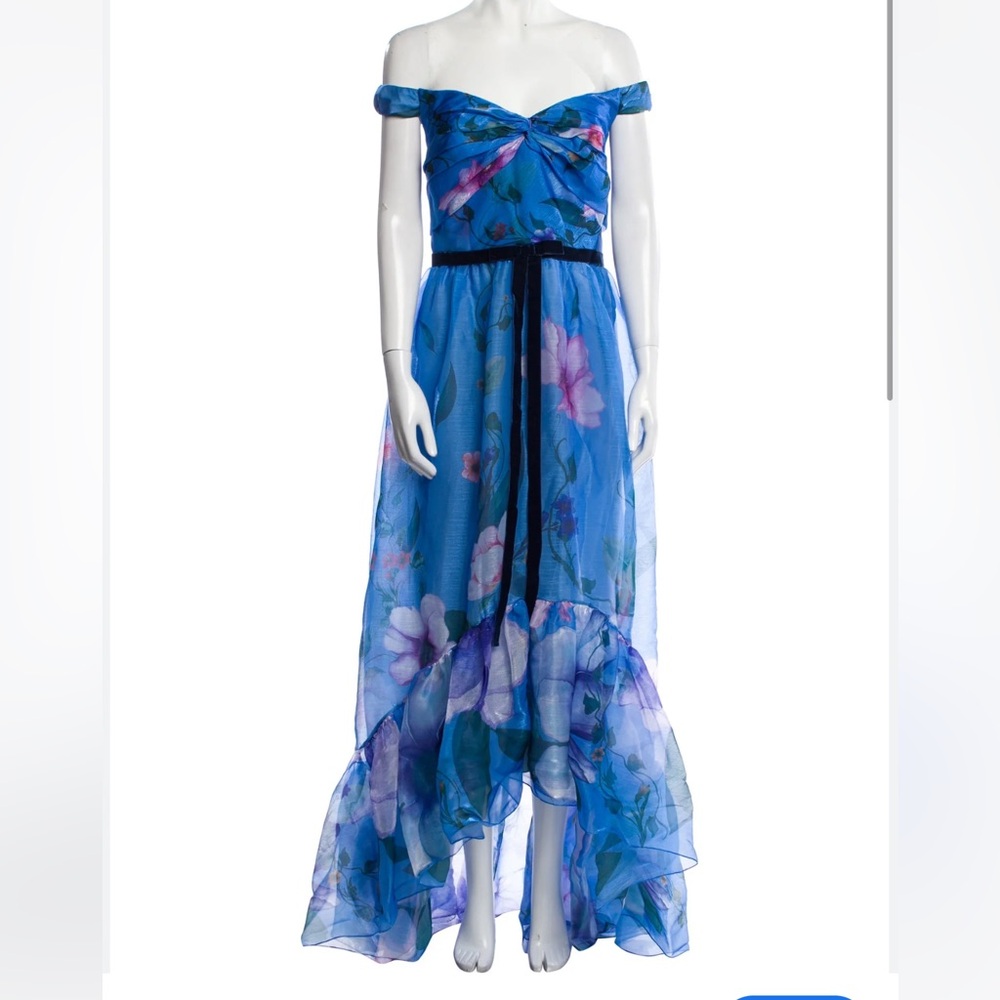 Marchesa Notte Floral Print Long Dress- Blue Dresses